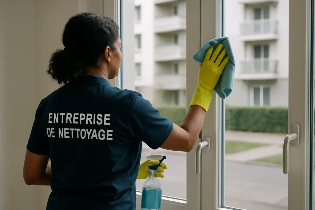 Équipe de nettoyage à Villiers-le-Bel s'occupant d'un bureau moderne avec des équipements spécialisés.