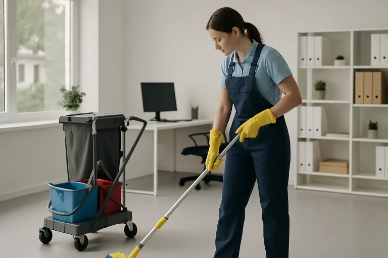 Une équipe de nettoyage effectue des tâches dans un bureau à Butry-sur-Oise, illustrant des services couverts par l'assurance.