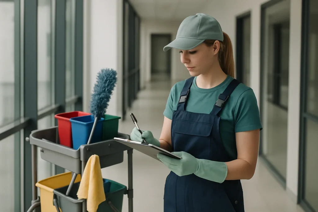Équipe de nettoyage professionnelle nettoyant un bureau à Pontoise avec des produits écoresponsables.