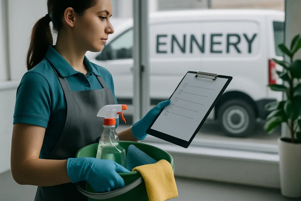 Équipe de nettoyage dans un bureau à ENNERY utilisant des produits écologiques.