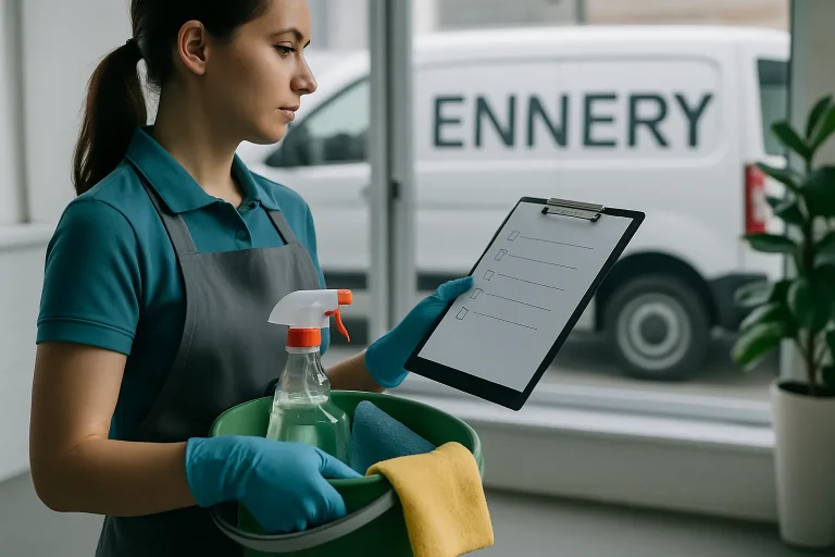 Équipe de nettoyage dans un bureau à ENNERY utilisant des produits écologiques.
