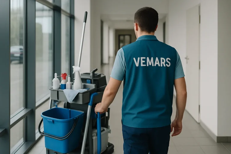 Équipe de nettoyage professionnelle nettoyant un bureau à Vemars.