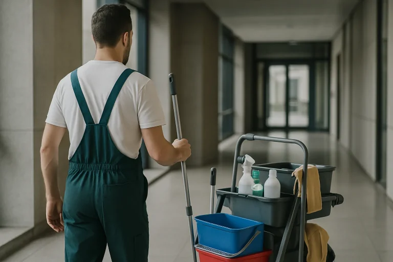 Équipe de nettoyage avec équipements modernes nettoyant un bureau à Cormeilles-en-Parisis.