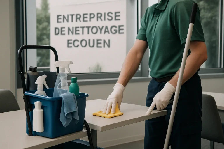 Équipe de nettoyage professionnelle travaillant dans un bureau moderne à Ecouen.