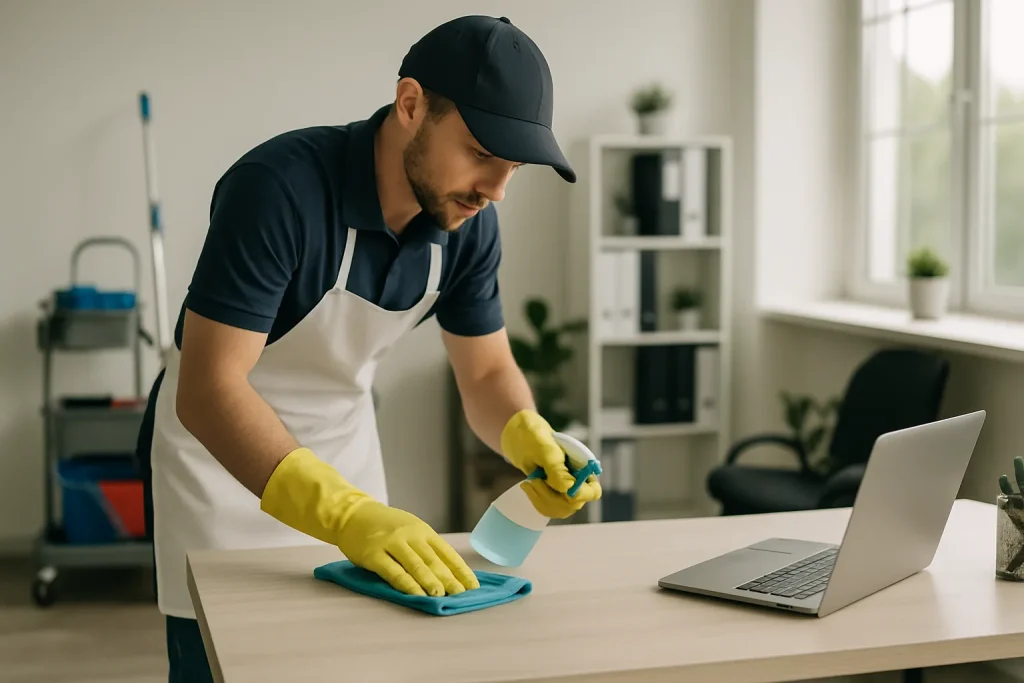 Un professionnel nettoie un bureau à CERGY, mettant en avant des équipements modernes.