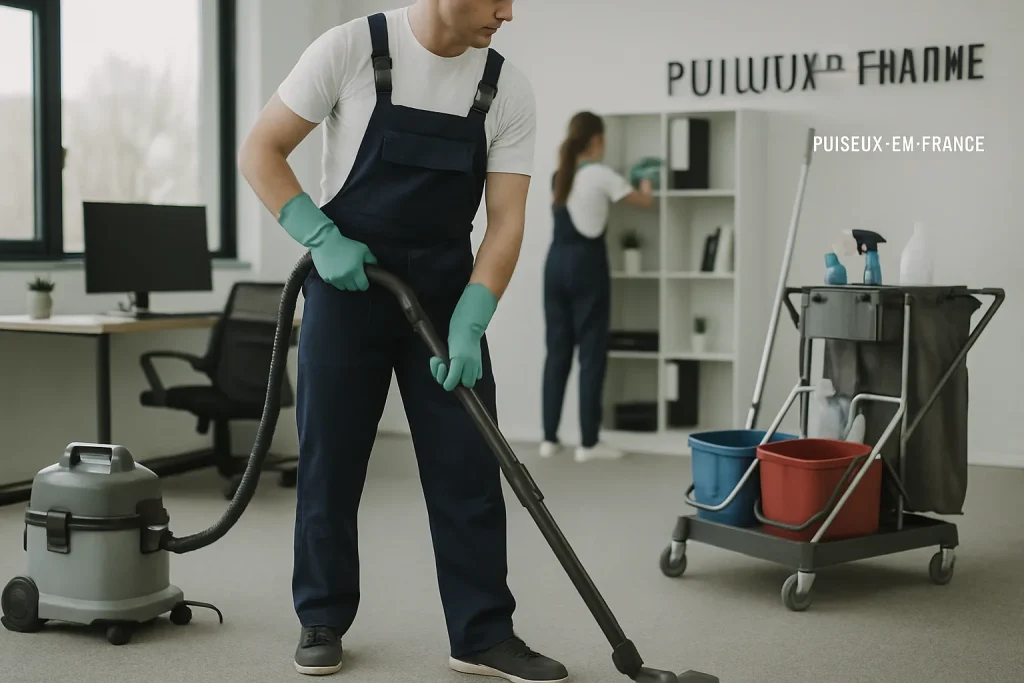 Équipe de nettoyage effectuant des tâches dans un bureau à PUISEUX-EN-FRANCE.