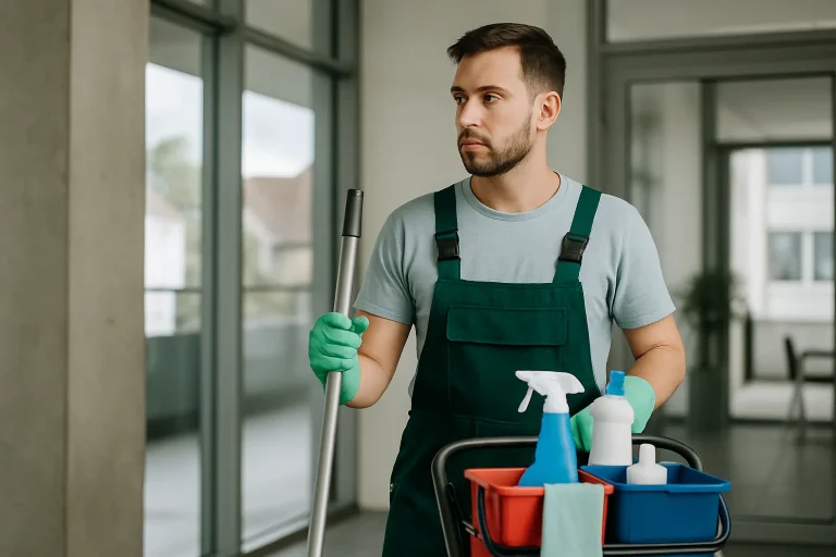Professionnel du nettoyage à Parmain, nettoyant un bureau moderne avec soin.