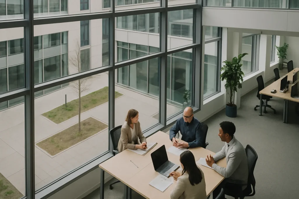 Bureaux modernes avec employés en réunion dans le Val-d’Oise, ambiance professionnelle.