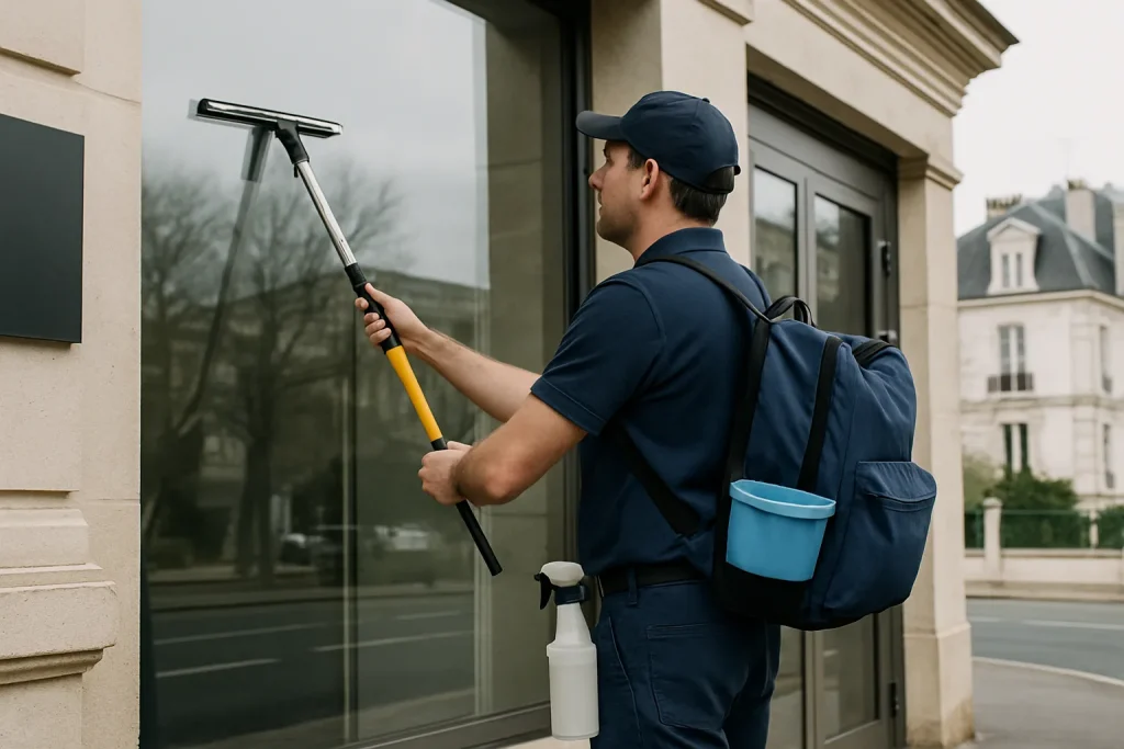 Un professionnel du nettoyage en action dans un bureau à Enghien-les-Bains, aspirateur en main.