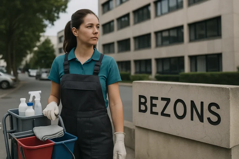 Un homme en uniforme nettoyant un bureau moderne à Bezons avec des équipements professionnels.