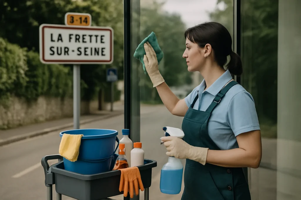 Équipe de nettoyage dans un bureau moderne à La Frette-sur-Seine, utilisant des produits écologiques.