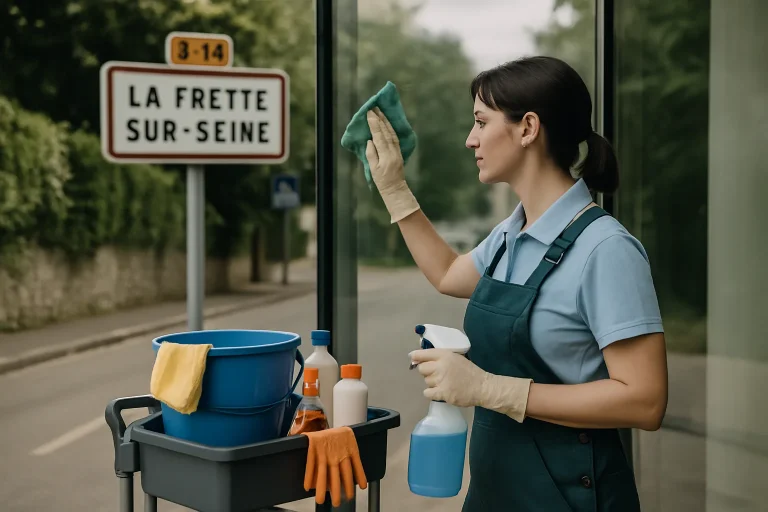 Équipe de nettoyage dans un bureau moderne à La Frette-sur-Seine, utilisant des produits écologiques.
