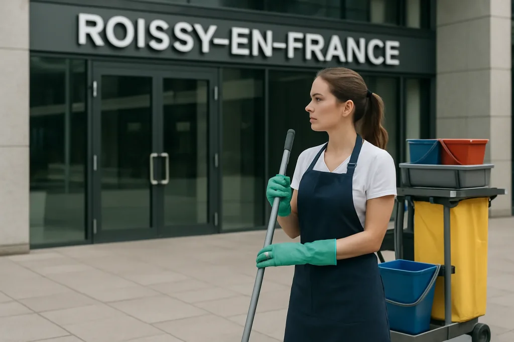 Équipe de nettoyage s'occupant d'un bureau à Roissy-en-France avec des équipements modernes.