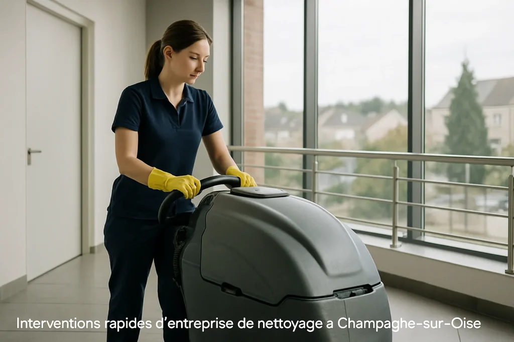 Équipe de nettoyage à Champagne-sur-Oise utilisant des produits professionnels.