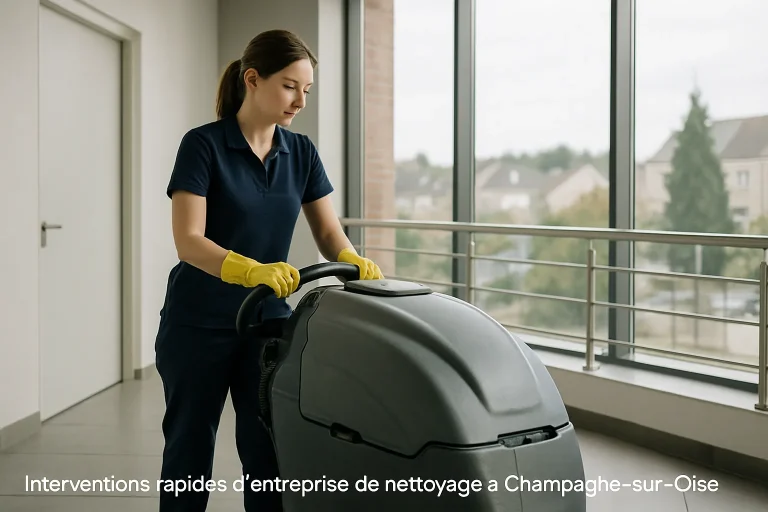 Équipe de nettoyage à Champagne-sur-Oise utilisant des produits professionnels.