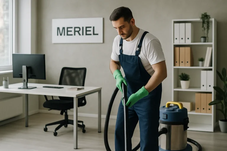 Un technicien de nettoyage désinfectant un bureau moderne à Meriel.