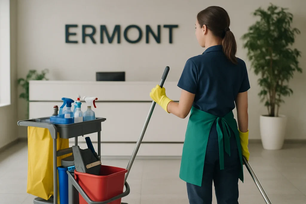 Un agent de nettoyage nettoyant un bureau à Ermont avec des produits écologiques.