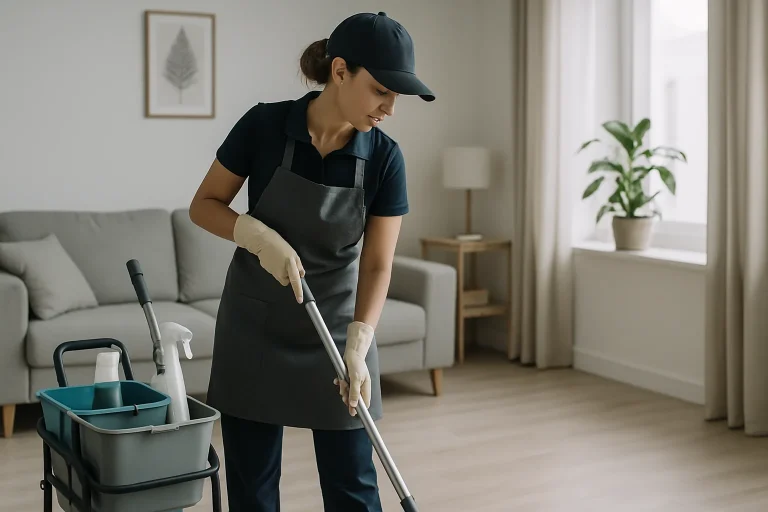 Équipe de nettoyage professionnelle nettoyant un appartement à Marines avec des produits écologiques.
