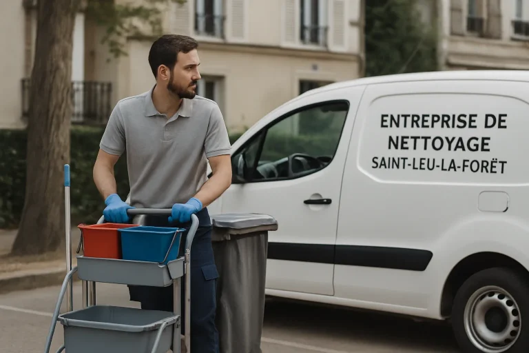 Un agent de nettoyage professionnel dans un bureau à Saint-Leu-la-Forêt, utilisant des équipements modernes.