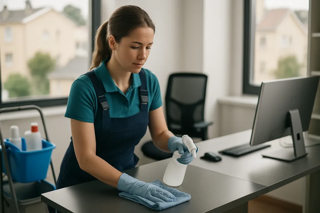 Équipe de nettoyage professionnelle nettoyant un bureau à Soisy-sous-Montmorency.