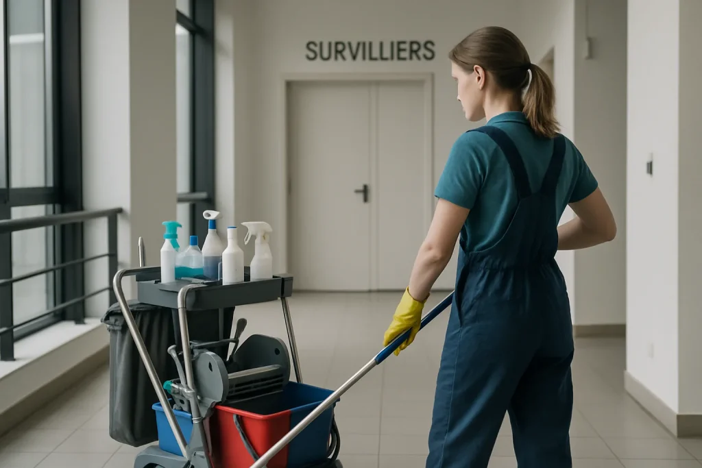 Un agent de nettoyage effectue des tâches dans un bureau moderne à Survilliers, illustrant les services professionnels.