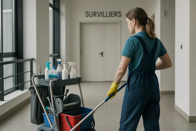 Un agent de nettoyage effectue des tâches dans un bureau moderne à Survilliers, illustrant les services professionnels.