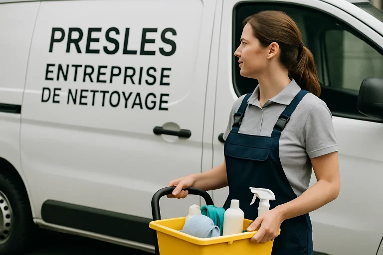 Équipe de nettoyage à Presles en action dans un bureau moderne, équipements et outils visibles.