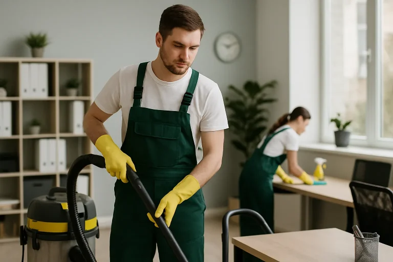 Équipe de nettoyage dans un bureau à Saint-Gratien utilisant des produits écologiques.