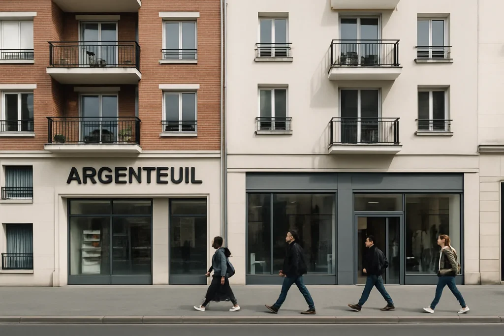 Scène de rue à Argenteuil avec bâtiments et piétons en journée