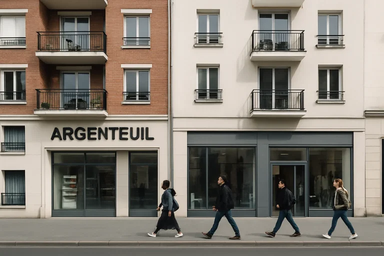 Scène de rue à Argenteuil avec bâtiments et piétons en journée