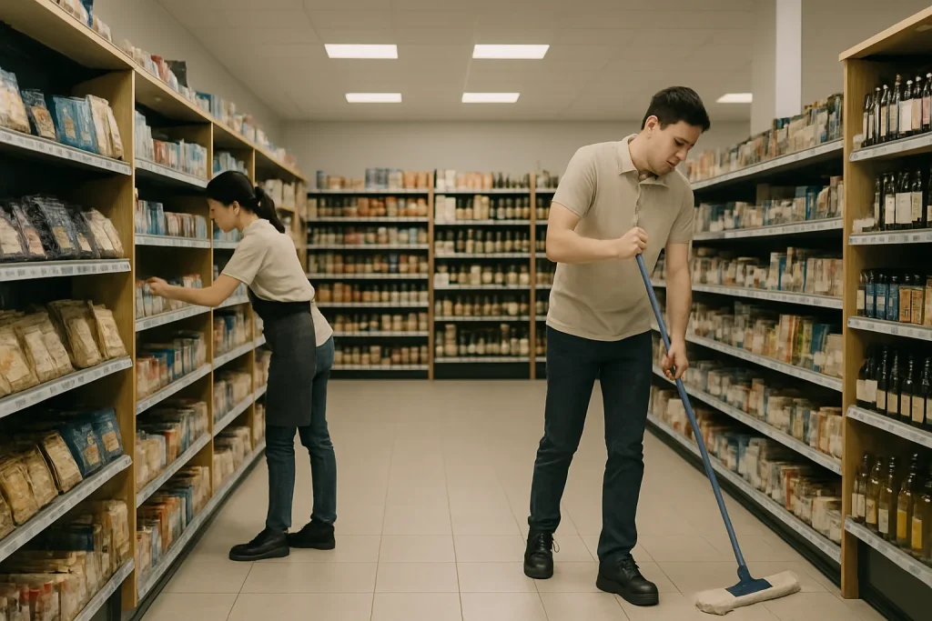 Employés nettoyant un magasin à Cergy, étagères et sol en vue, lumière douce