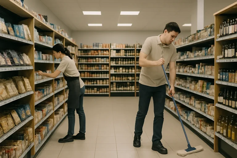 Employés nettoyant un magasin à Cergy, étagères et sol en vue, lumière douce