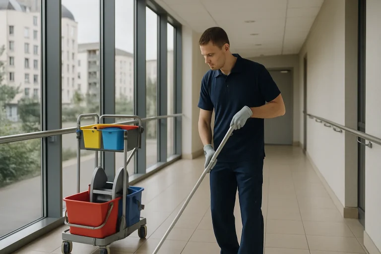 Équipe de nettoyage dans un bureau moderne à Garges-les-Gonesse, en pleine action.