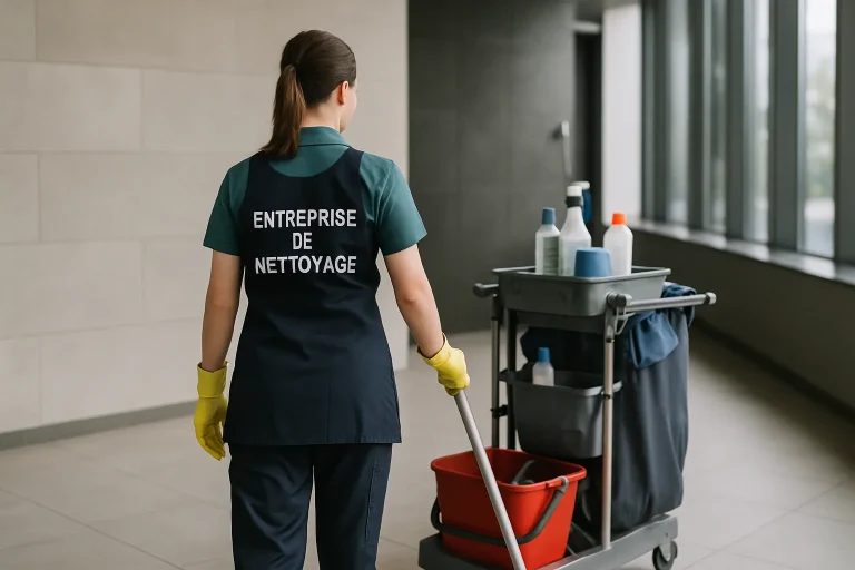 Un technicien de nettoyage s'occupant d'un bureau à BERNES-SUR-OISE avec des produits écologiques.