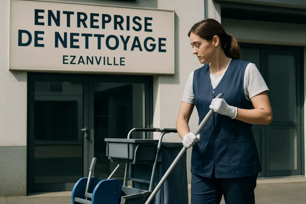 Un bureau moderne à Ezanville, lumineux et bien entretenu, avec un agent de nettoyage.