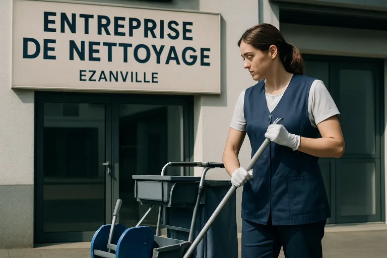 Un bureau moderne à Ezanville, lumineux et bien entretenu, avec un agent de nettoyage.