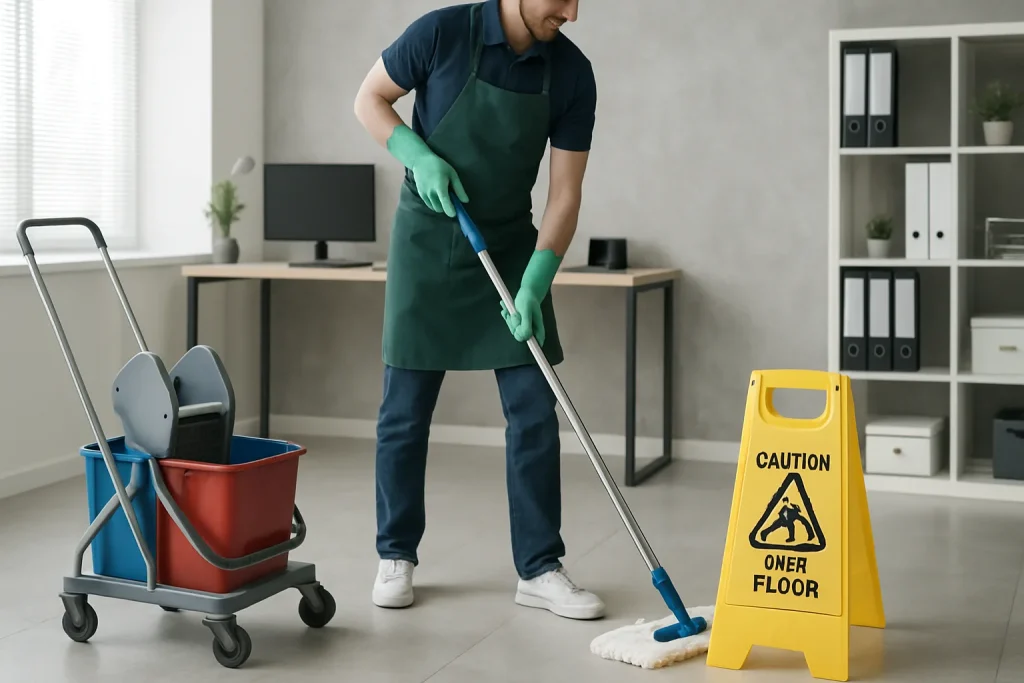 Équipe professionnelle de nettoyage dans un bureau à Montmagny, montrant leur efficacité.