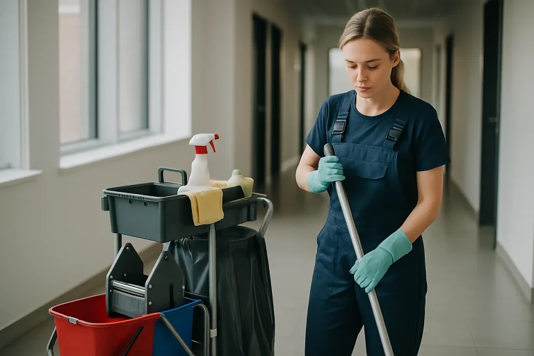 Technicien nettoyant un bureau moderne à PIERRELAYE avec des équipements professionnels.