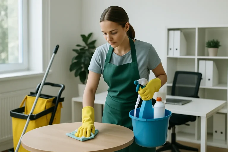Un employé de nettoyage dans un bureau à MONTMORENCY utilisant des équipements modernes.