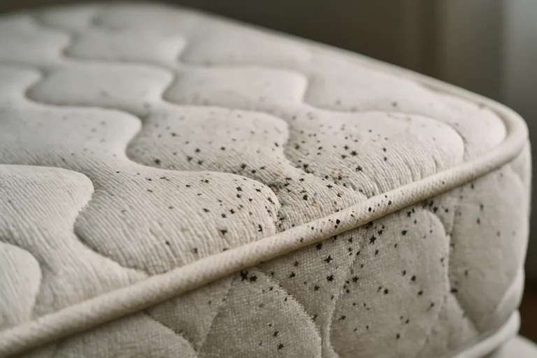 Gros plan sur un matelas montrant des traces de punaises de lit, détails visibles