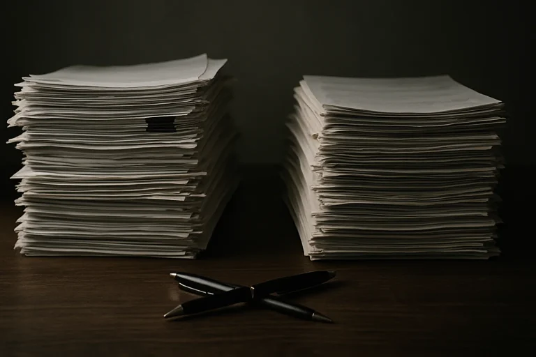 Deux piles de documents de devis de nettoyage sur une table, stylos croisés.