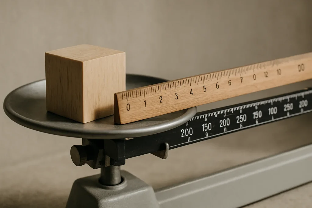 Balance avec un cube et une règle, symbolisant la facturation du débarras.