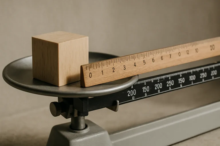 Balance avec un cube et une règle, symbolisant la facturation du débarras.