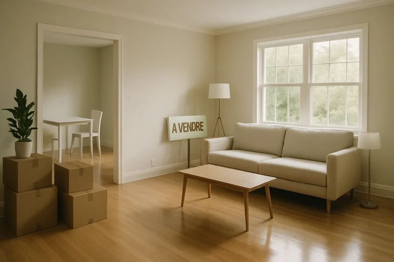 Intérieur d'une maison propre et minimaliste préparée pour la vente, éclairée par une douce lumière matinale