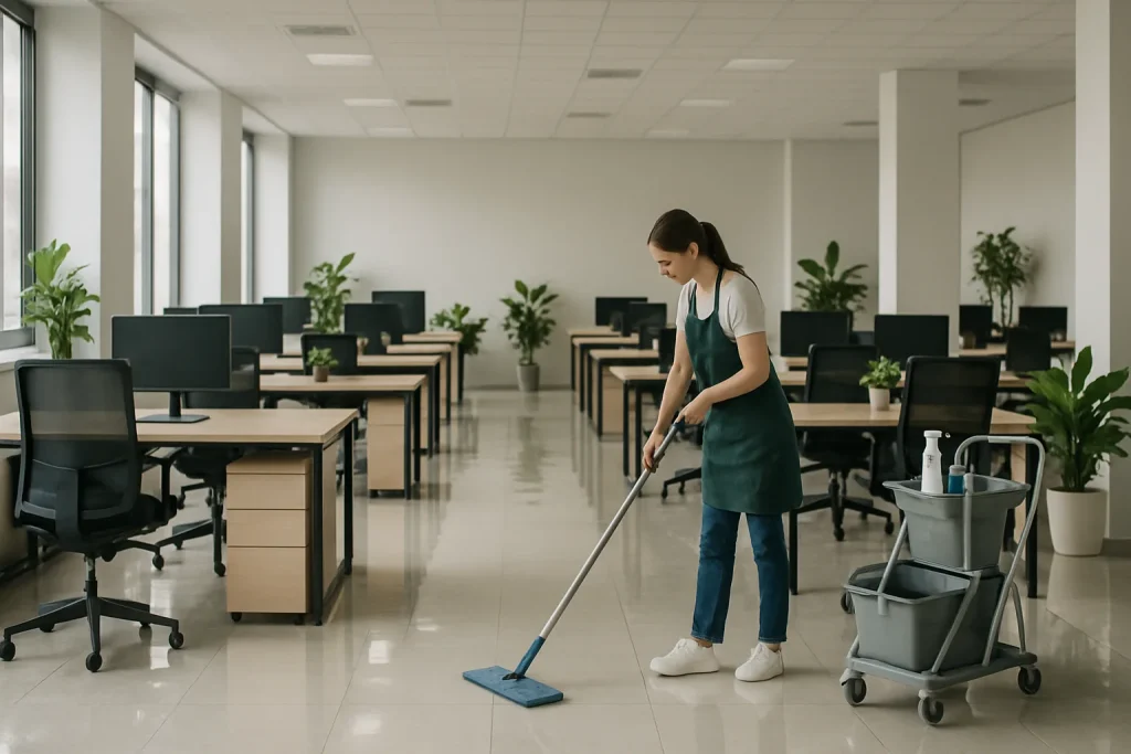 Personnel de nettoyage dans un bureau moderne, sols brillants, plantes vertes