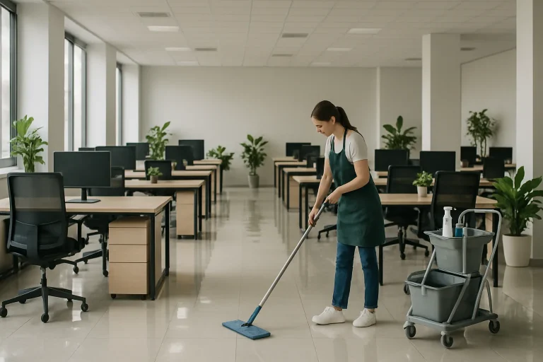 Personnel de nettoyage dans un bureau moderne, sols brillants, plantes vertes