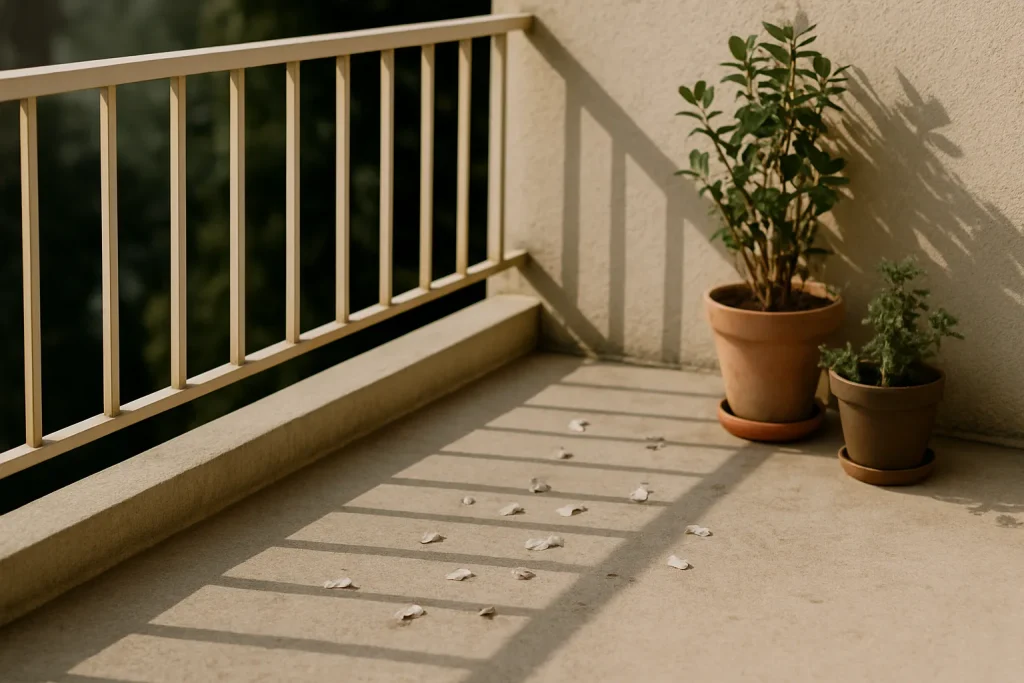 Balcon avec fientes de pigeon visibles, plantes en pot et lumière naturelle