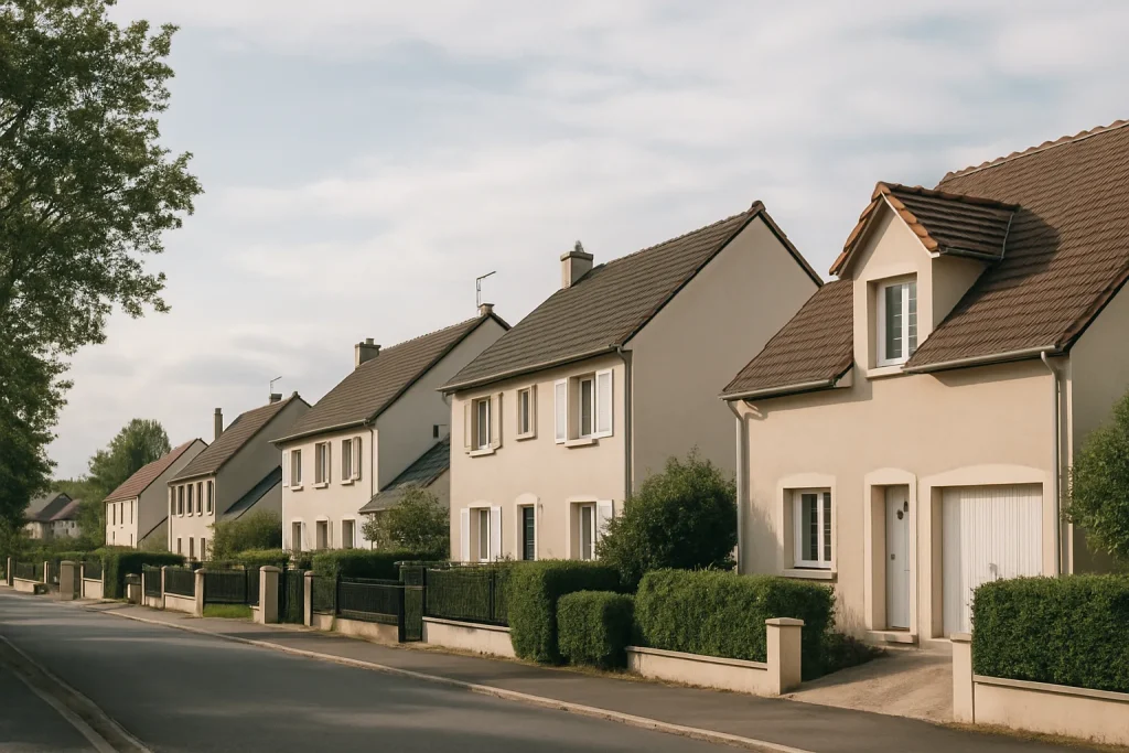 Vue d'un quartier résidentiel du Val-d'Oise avec des maisons alignées et quelques arbres