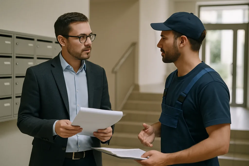 Administrateur et prestataire discutant dans un hall d'immeuble, documents en main.