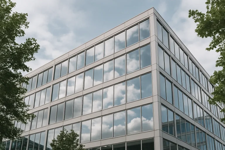 Vue d'un immeuble de bureaux moderne avec des reflets du ciel et des arbres en avant-plan